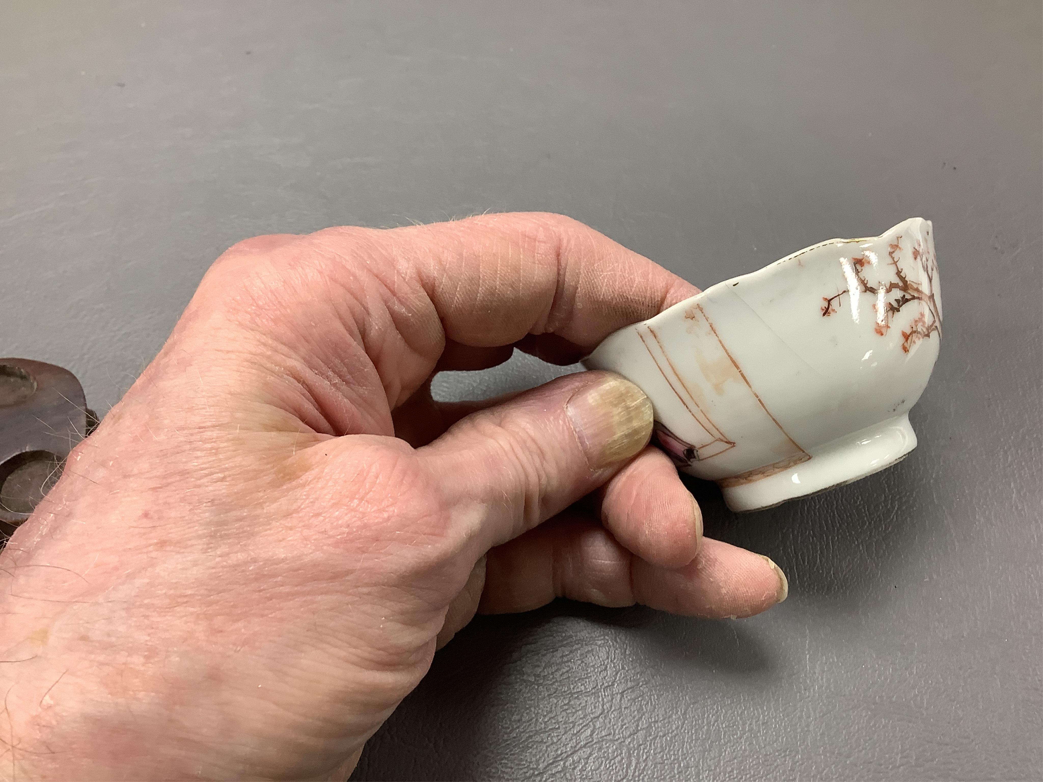 An 18th/19th century Chinese tea bowl and saucer, a punch bowl, two tea bowls and a Paris porcelain vase, largest 31cm